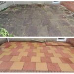 Before After Photo of Coloured Concrete Slab Patio Being Cleaning in Bristol