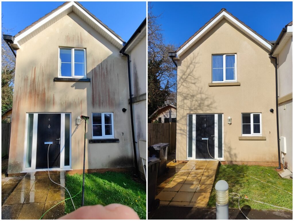 Streaked render on a detached house in Bristol before and after soft washing