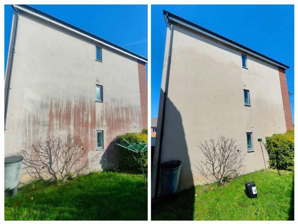Stained render on the gable end of a Bristol apartment block before and after soft washing