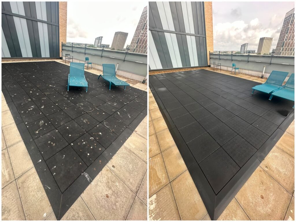 Rubber-tiled rooftop amenity deck in Bristol before and after pressure washing, with gull mess and algae removed