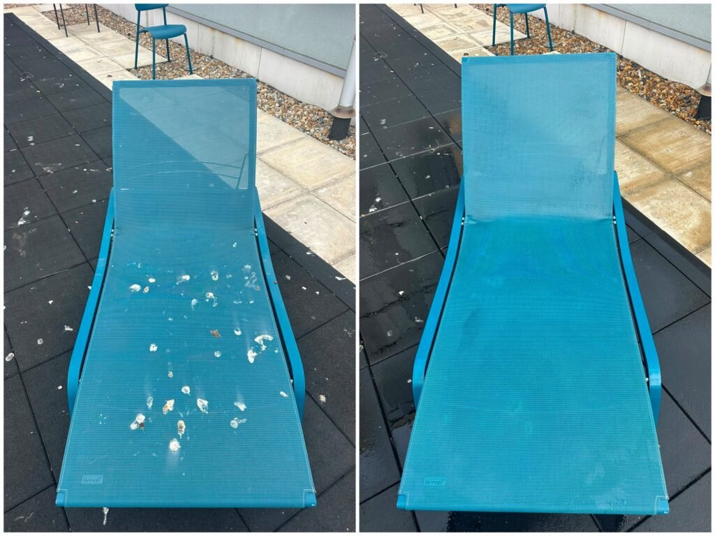 Sun lounger on a Bristol rooftop terrace before and after cleaning, with gull mess removed from the mesh seat