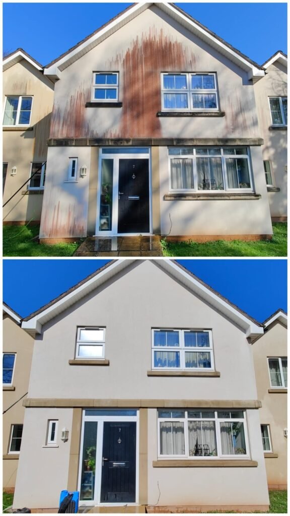 Heavily stained render on a Bristol house before and after soft washing, with the orange staining removed